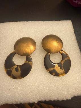 Vintage 1980s Modernist Mixed Metal Hand Painted Door Knocker Dangle Earrings